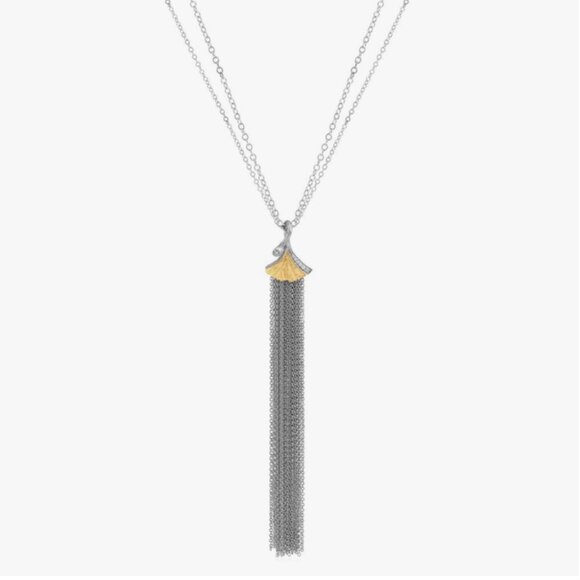 Michael Aram Jewelry - Michael Aram Silver, Gold & Diamond Ginkgo Tassel Necklace w/ pouch